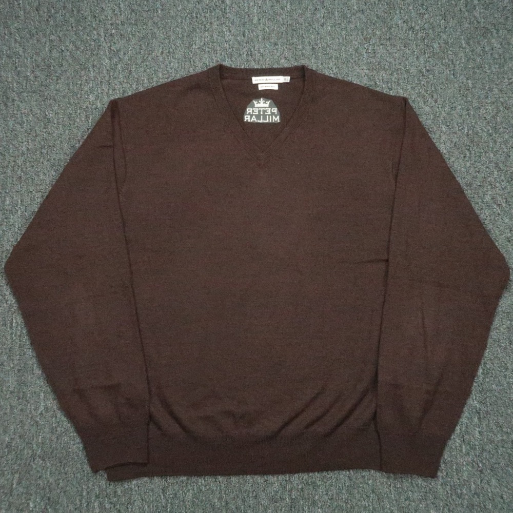 Peter‎ Millar Sweater Men Extra Large Brown Merino Wool V Neck Tour Jumper XL